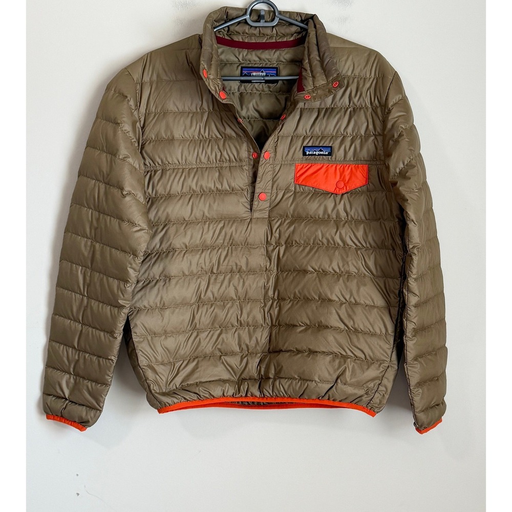 Patagonia Down Snap T Pullover Jacket Women's Small Brown Orange Puffer Jacket